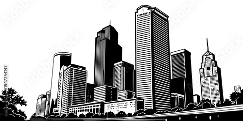 USA, US, U.S, United States - Houston downtown skyline high contrast monochrome architecture panorama