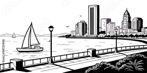 USA, US, U.S, United States - San Diego harbor skyline minimalist monochrome coastal city panorama