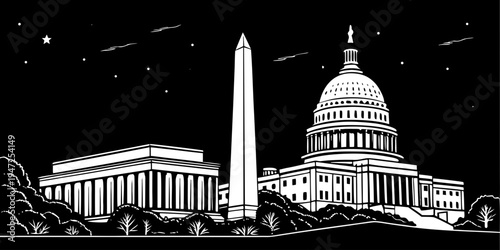 USA, US, U.S, United States - Washington, D.C. monuments skyline monochrome silhouette travel poster 