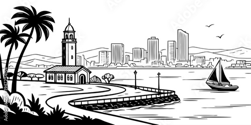 USA, US, U.S, United States - San Diego harbor skyline minimalist monochrome coastal city panorama