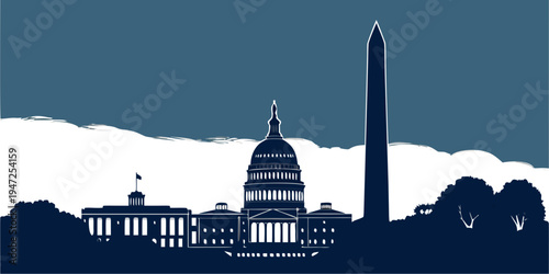 USA, US, U.S, United States - Washington, D.C. monuments skyline monochrome silhouette travel poster 
