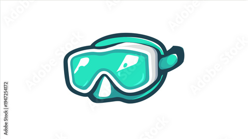 A cartoon-style illustration of a scuba mask with teal lenses and a dark blue outline, on a white background
