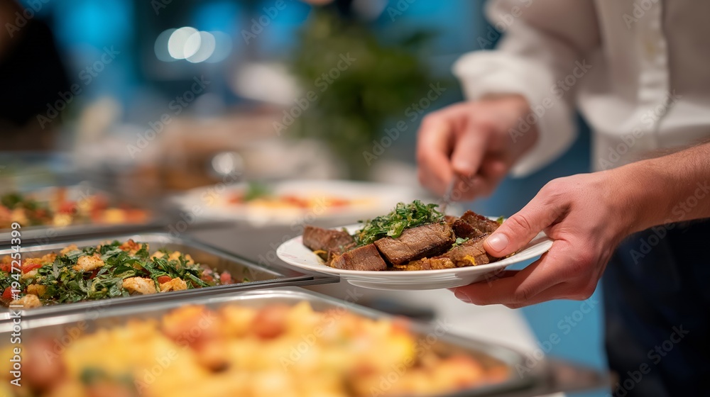Fototapeta premium Post-bariatric patient navigating St Patricks Day party, selecting protein-first appetizers from buffet spread, social situations with new eating patterns and confident choices, perfect for event