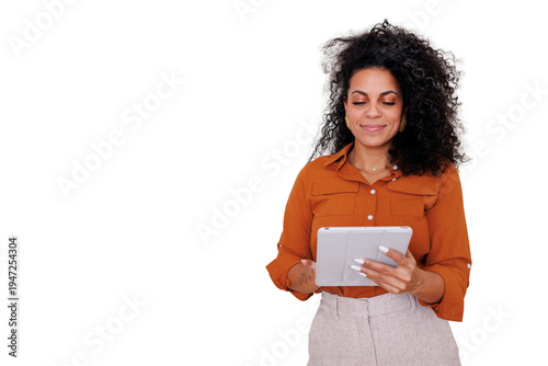 Woman standing and smiling, using a digital tablet for work and communication. Digital device on transparent background