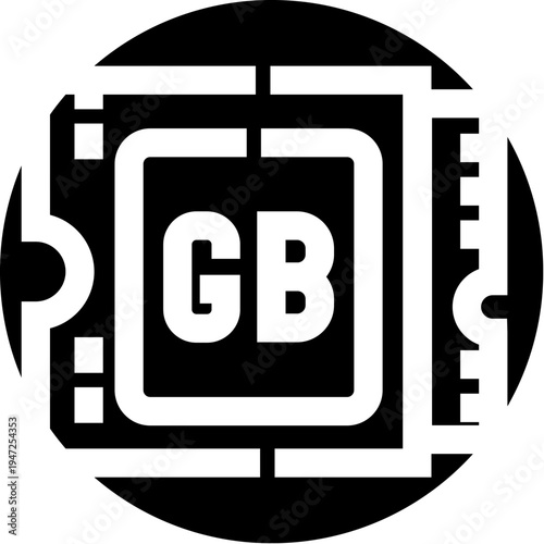 Computer ram memory chip component with gb symbol symbolizing digital data storage, high capacity, and processing power within modern electronic hardware and technology systems