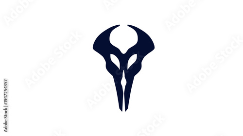 A dark blue symmetrical emblem featuring a stylized design with sharp angles and rounded edges on a white background