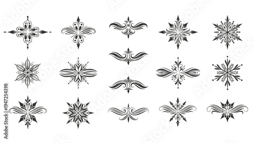 Intricate geometric patterns featuring symmetrical star and snowflake designs Vector
