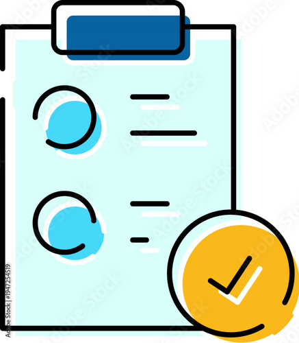 Clipboard document displaying a checklist with circular options and lines, featuring a yellow checkmark icon, representing successful task completion and verification