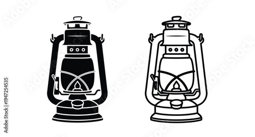Two vintage kerosene lanterns depicted in a stark black silhouette