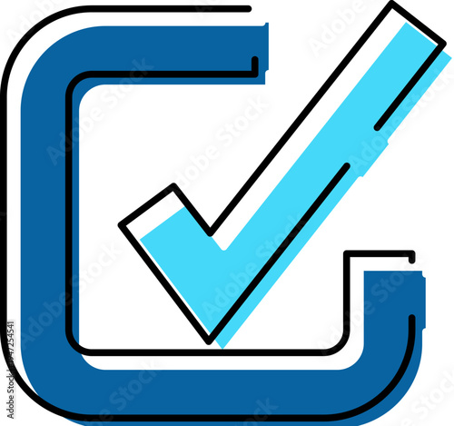 Solid blue checkmark with light blue fill and black outline, indicating approval, verification, success, and completion within a dark blue outlined box