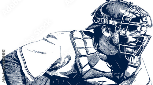 A detailed illustration of a catcher in a baseball uniform, focusing on the head and chest