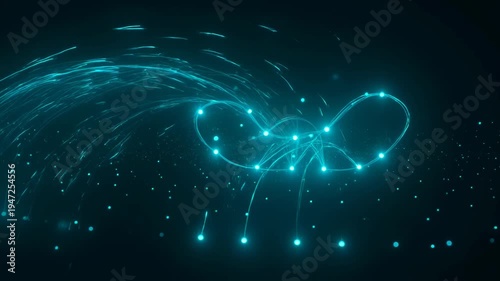 Abstract rendering of light particles forming a complex pattern in a dark space