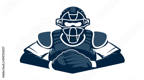 Stylized illustration of a baseball catcher in protective gear, arms crossed, and ready for action
