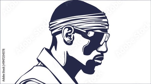 A stark two-tone portrait of a man, featuring a headscarf, sunglasses, and a partial shirt