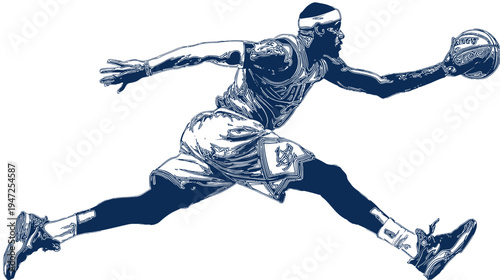 A silhouette of a basketball player mid-air, ball in hand, dynamic pose, blue on white
