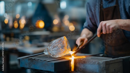 Wallpaper Mural Glassblower's hands shaping molten colorful glass into artisan vase using traditional tools, intense furnace heat creating orange glow in workshop, ideal for handmade craft keywords, and Torontodigital.ca