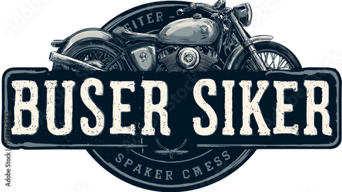 A vintage motorcycle is illustrated in a grunge style, with a bold text, all on a circle