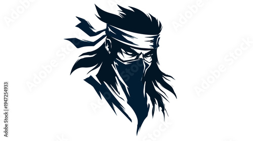 A stylized illustration depicting a masked figure with dark hair and a headband