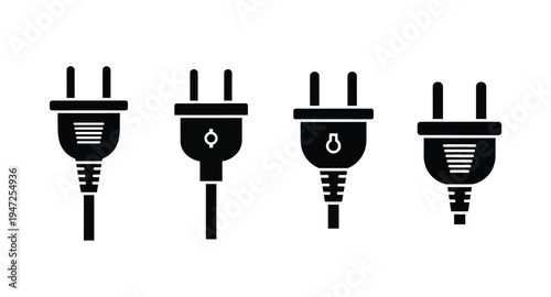 Four different electrical plugs displayed in a stark black silhouette