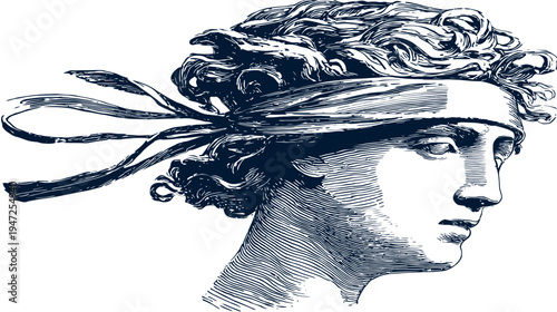 A detailed monochrome drawing depicts a classical head in profile, adorned with a head-band and flowing hair