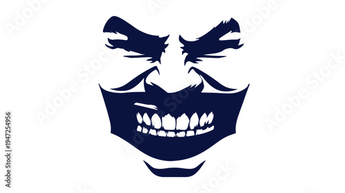 A stylized mask design with teeth in a graphic, dark blue outline against a stark white background
