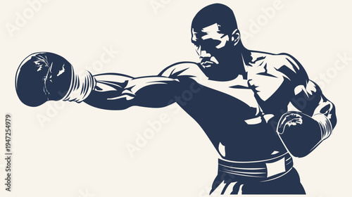 A striking vector illustration of a boxer mid-punch. Powerful, dynamic pose. Silhouette style