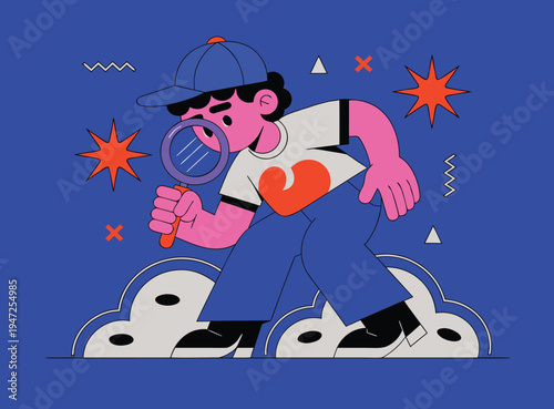 Illustration Of Curious Boy Detective Searching With Magnifying Glass On Clouds In Flat Vector Style