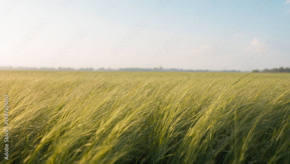 Fototapeta premium Swaying dense patch of tall green grasses bending right in open rural field, treeline visible