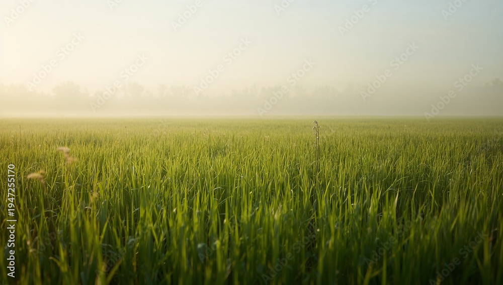 Obraz premium Swaying green cereal crop rising toward horizon during misty morning at farmland, with lone stalk
