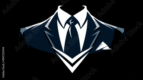 Stylized graphic of a formal suit, tie, and pocket square on a black background