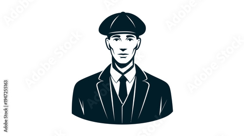 A stylized illustration of a man in a formal suit and flat cap, facing the viewer