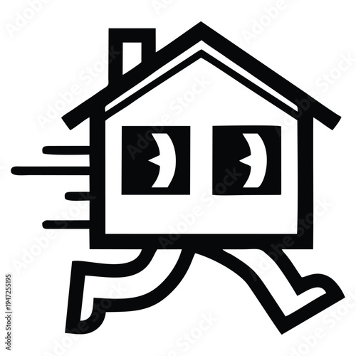 Minimalist Line Art Illustration of a Running House with Legs Representing Fast Real Estate or Moving Services