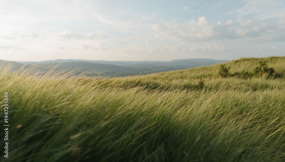 Obraz premium Swaying tall meadow grasses leaning across gentle hillside under pale blue sky, with ridgelines