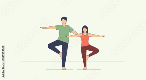 Couple practicing yoga tree pose together, balance, wellness, healthy lifestyle