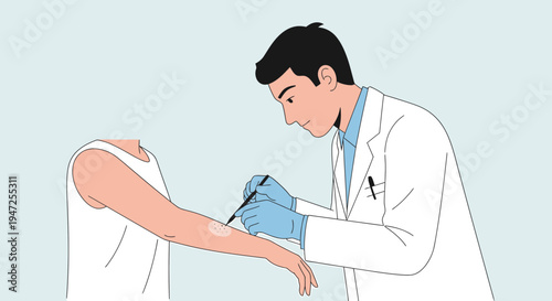Dermatologist examining skin lesion on patient's arm with scalpel
