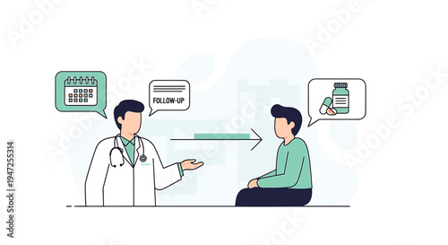 Doctor advises patient on follow-up appointment and medication, medical consultation concept