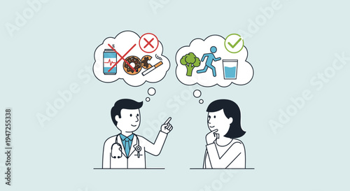 Doctor advises patient on healthy lifestyle choices: diet and exercise vs unhealthy habits