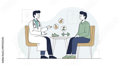 Doctor advises patient on healthy lifestyle with diet and exercise icons