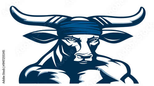 A strong bovine figure in a bold, stylized design. Dark blue hues on a white background. It wears a band