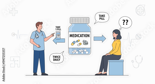 Doctor advises patient on medication dosage, explaining 'take pill twice daily' for treatment