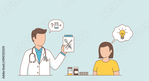 Doctor advises patient on treatment, showing prescription with crossed-out items, patient has idea