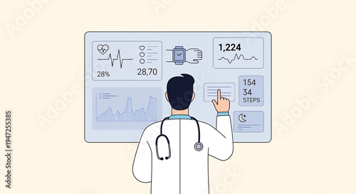 Doctor analyzing medical data on futuristic digital screen with vital signs and graphs