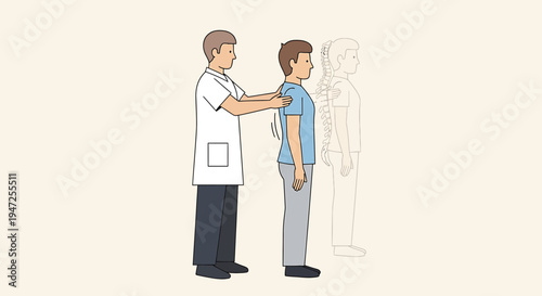 Doctor checks patient's posture and spine alignment with skeletal overlay