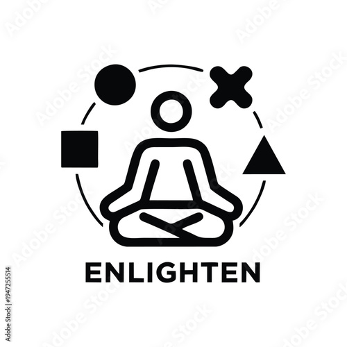 Minimalist Meditation Icon Illustration of Person in Lotus Pose with Geometric Shapes and Enlighten Text Isolated on White