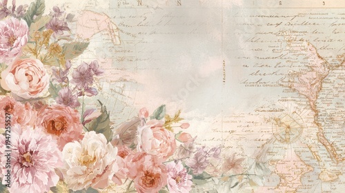Vintage floral map background with blooming roses, peonies, and wild flowers, creating a romantic travel theme collage with antique script and pastel colors