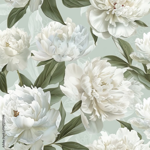 seamless pattern, white peonies, realistic botanical style, clean minimal composition