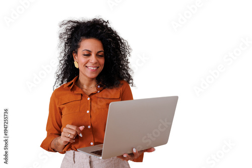 Young brazilian woman smiling and using laptop, working remotely or studying online with transparent background