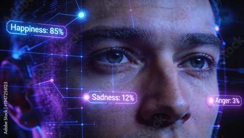 AI Emotion Recognition Technology Analyzing Human Face with Digital Interface