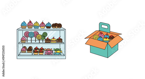 Colorful Cupcakes and Candies Displayed in Box for Party and Dessert Concepts