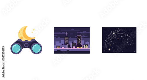 Binoculars with Moon and Stars Over Cityscape at Night for Exploration and Travel